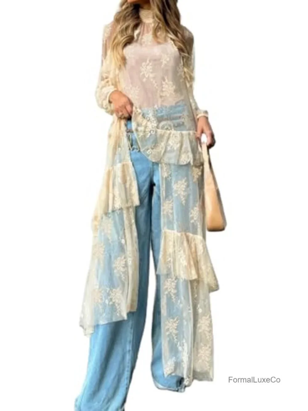 Sheer Lace Long Sleeve Duster Asymmetrical Coverup Flowy Maxi Top